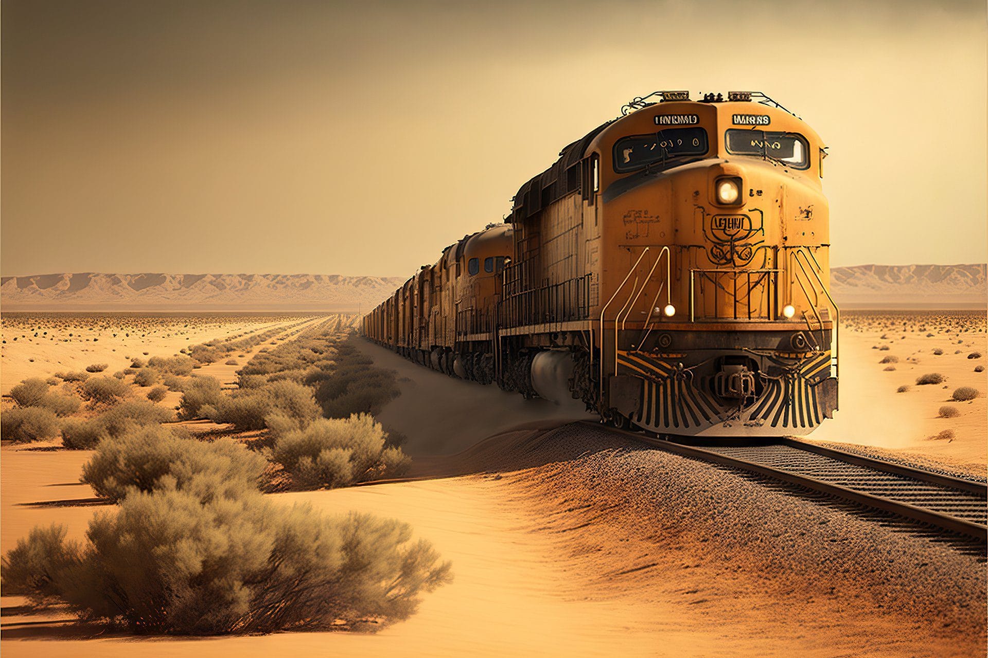 cargo train travels railway laid desert prairie