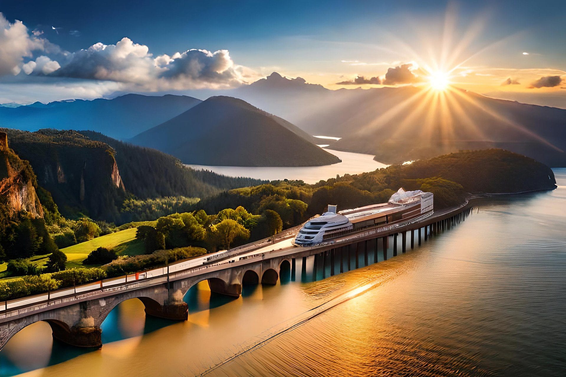 cruise ship is going bridge with mountains background