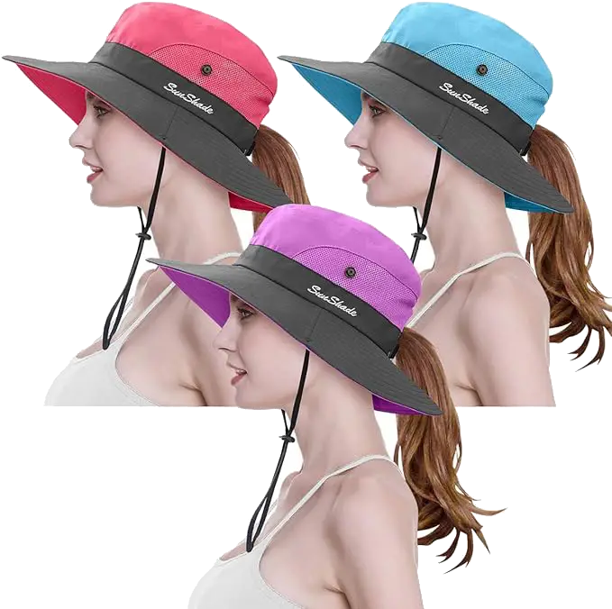 Travel Essential 3 Pieces Womens Ponytail Wide Brim Sun Hat 