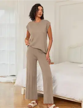 Ekouaer Knit Cap Sleeve Tops Wide Leg Pleated Pants