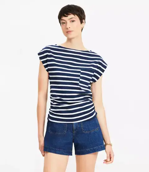 Loft Stripe Ruched Boatneck Pocket Tee