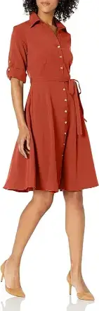 Sharagano Women's Button Front Pleated Shirt Casual Dress