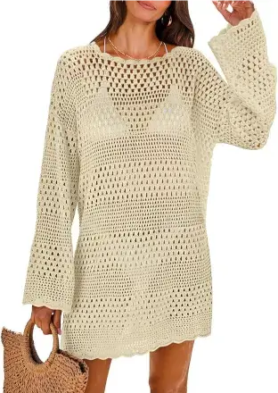 ANRABESS Women Swimsuit Crochet Swim Cover Up 2025 Summer Bathing Suit Swimwear Mesh Knit Beach Dress Vacation Outfits