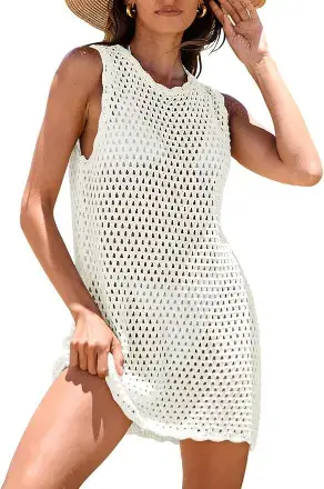 ANRABESS Womens Swimsuit Cover Up Sleeveless Knit 2025 Summer Outfits Swimwear Bathing Suit Coverup Crochet Beach Dress