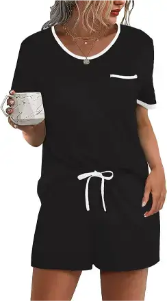 Ekouaer Pajama Set for Women 2 Piece Lounge Set Short Sleeve Tops and Shorts Soft Sleepwear, Chest Pocket, best summer loungewear