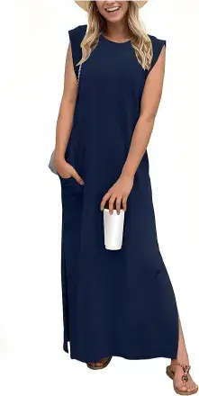 GRECERELLE 2025 Women Year-Round Casual Round Neck Loose Split Wrinkle-Free Long Maxi Vacation Dress with Pockets (XS-3XL)