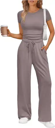 Trendy Queen 2 Piece Matching Summer Sweatsuit Lounge Set Womens Wide Leg Pants Side Ruching Crop Top Sets, best summer loungewear