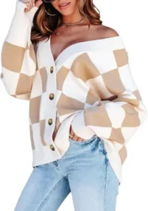 Dokotoo  Checkered V Neck Button Down Cardigan